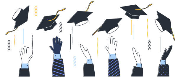 Graduation 2021 caps confetti. Flying students hats with golden ribbons isolated. University, college school education vector. Illustration in flat cartoon style Graduation 2021 caps confetti. Flying students hats with golden ribbons isolated. University, college school education vector. Illustration in flat cartoon style college dorm party stock illustrations