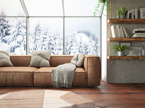 sala de estar conceito de inverno com vista para a neve - luxury hotel looking through window comfortable - fotografias e filmes do acervo