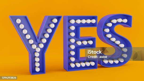 Yes Light Bulb Sign On Orange Background Stock Photo - Download Image Now - Logo, Positive Emotion, Neon Lighting