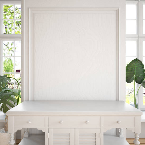 istock Copy Space on White Wooden Wall Paneling with Window and Plants 1294293958