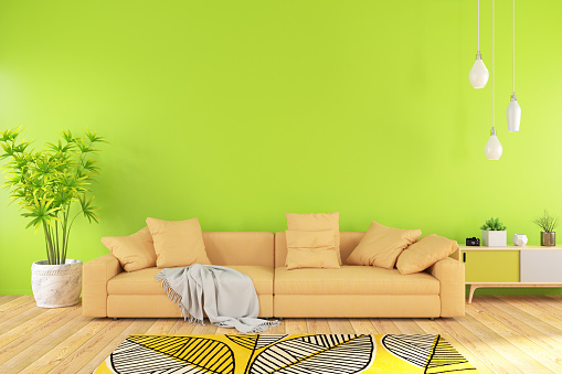 Modern Living Room with Sofa and Green Wall. 3d Render