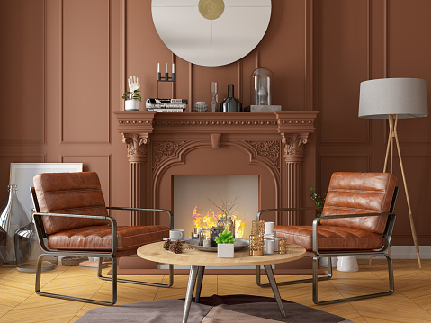 Interior with Armchair and FirePlace. 3d Render