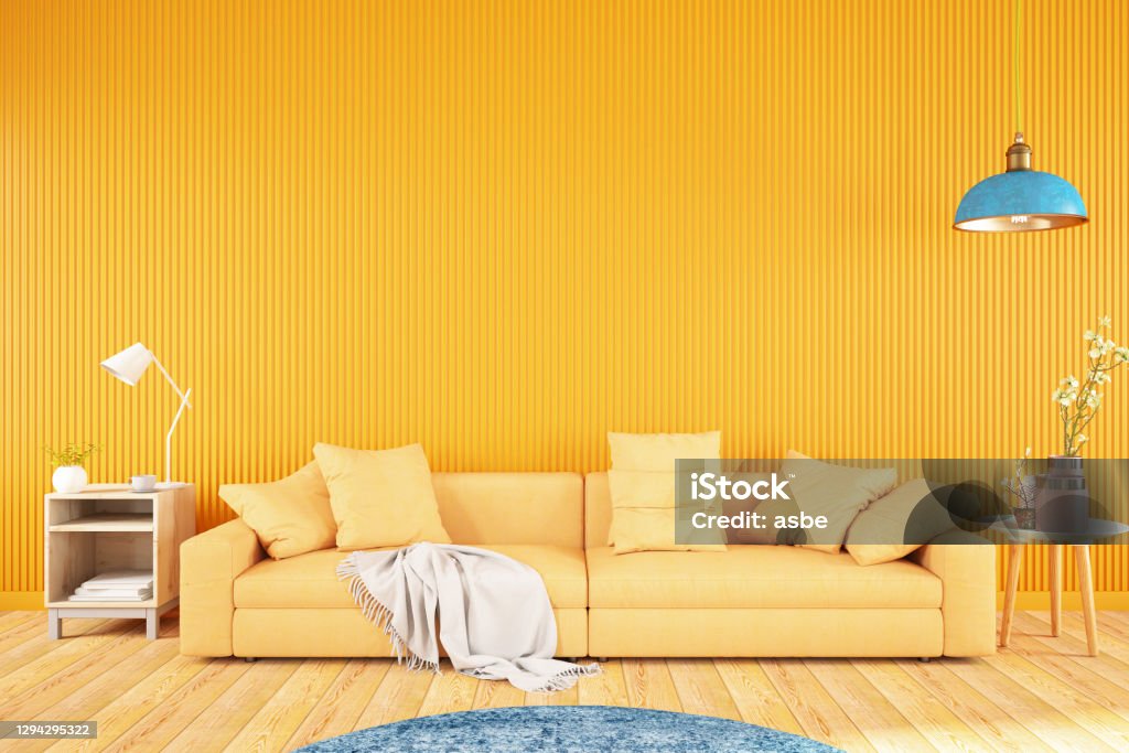 Yellow Living Room with Sofa Yellow Living Room with Sofa. 3d Render Yellow Stock Photo