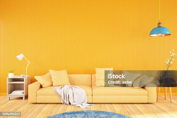 Yellow Living Room With Sofa Stock Photo - Download Image Now - Yellow, Domestic Room, Living Room