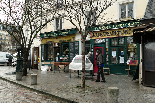 Paris, France. December 30. 2020. Shakespeare and Company Bookstore located in the Saint Michel district.