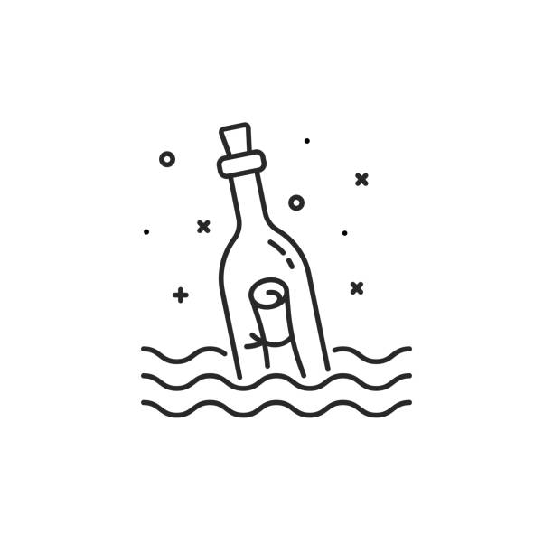 черная бутылка сообщения тонкая линия значок - stranded message in a bottle island document stock illustrations