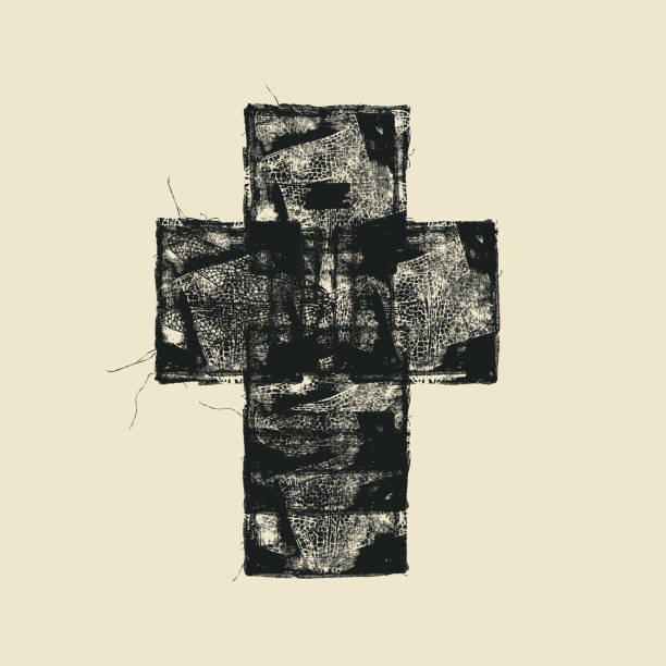 illustrazioni stock, clip art, cartoni animati e icone di tendenza di croce nera astratta su un vecchio sfondo cartaceo - christianity cross shape dirty grunge