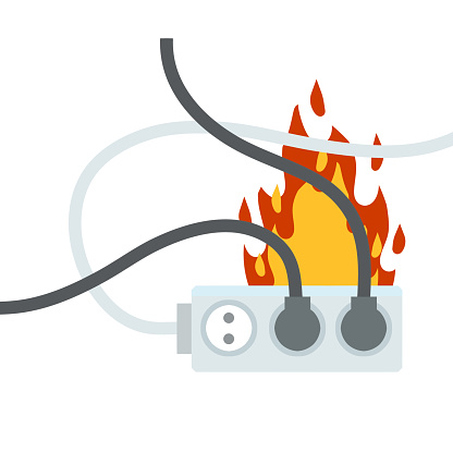 Electrical wiring. Damaged Socket with flame. The smoke from the device. Cartoon flat illustration. Compliance with fire safety. Set of many Cables