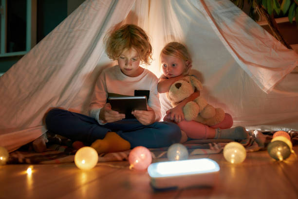 istock Adorable boy using tablet pc while spending time with his little sister, sitting on a blanket in a hut made with bedsheets at home 1294303785