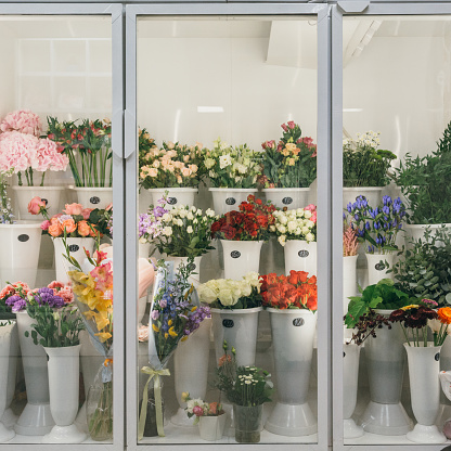 Flower shop concept. Different varieties fresh spring flowers in refrigerator room for flowers. Bouquets on shelf, florist business.