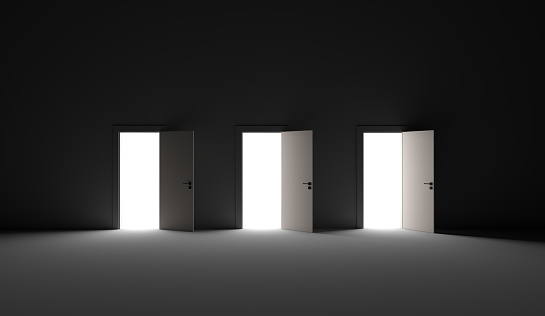 Three open doors in a dark room 3D rendering illustration