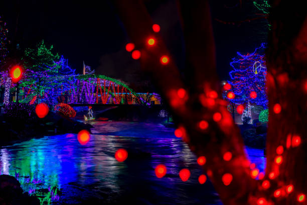 istock Bridge covered with Christmas Lights reflects in a river at night 1294307604
