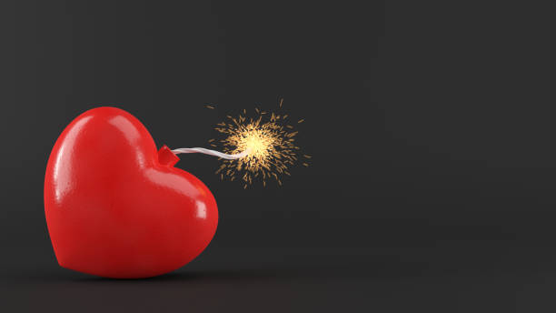 Heart bomb with burning and sparking fuse. Valentines day design concept. 3D rendered image. Heart bomb with burning and sparking fuse. Valentines day design concept. 3D rendered image fuse symbol stock pictures, royalty-free photos & images