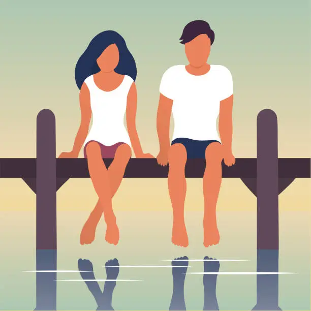 Vector illustration of A young couple is resting by the river.