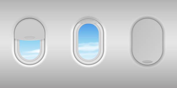 istock Realistic detailed 3d airplane window with blue sky view set. Porthole with open and closed glass 1294314789