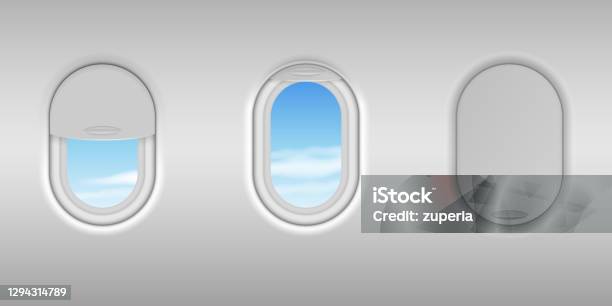 Aircraft Window Design Realistic Detailed 3d Airplane Window With Blue Sky View Set Porthole ...