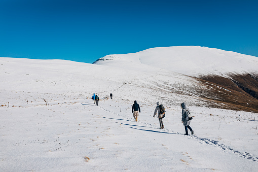 Group of male and female hikers wearing warm clothes and backpacks, hiking and reaching the top of the snowy mountain during sunny winter day