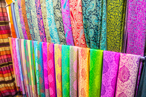 Colourful silk scarves on moroccan street market, Marrakech