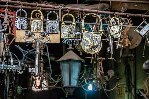 Decorative knockers, locks, latchs, keys in a street market - Marrakesh souk, Morocco