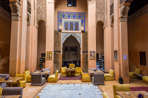 Marrakech, Morocco - January 19, 2018:  interior for riad or inner courtyard in medina of Marrakesh, Morocco