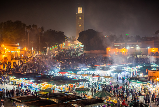 Djemaa El Fna Square and Koutoubia Mosque at night, Marrakech, Morocco