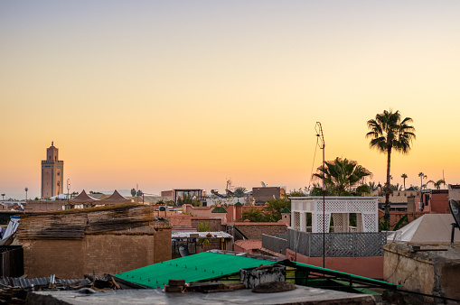 Marrakech skyline in the morning with Ben Youssef Mosque