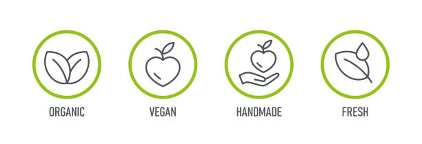 ilustraciones, imágenes clip art, dibujos animados e iconos de stock de productos naturales. conjunto de iconos de alimentos - orgánico, bio, vegano, hecho a mano, fresco. ilustración vectorial. - vegana