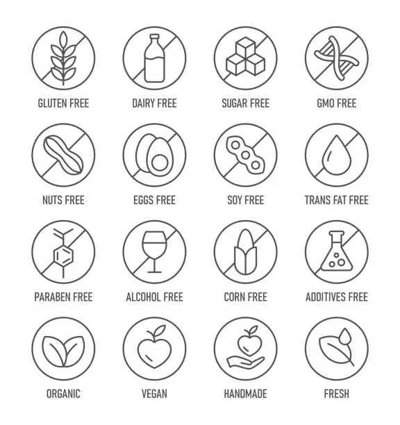 Vector illustration of Natural Products. Allergens. Food Intolerance. Set of icons - Dairy Free, Gluten Free, Sugar Free, GMO Free, Nut Free, Paraben free. Vector illustration.