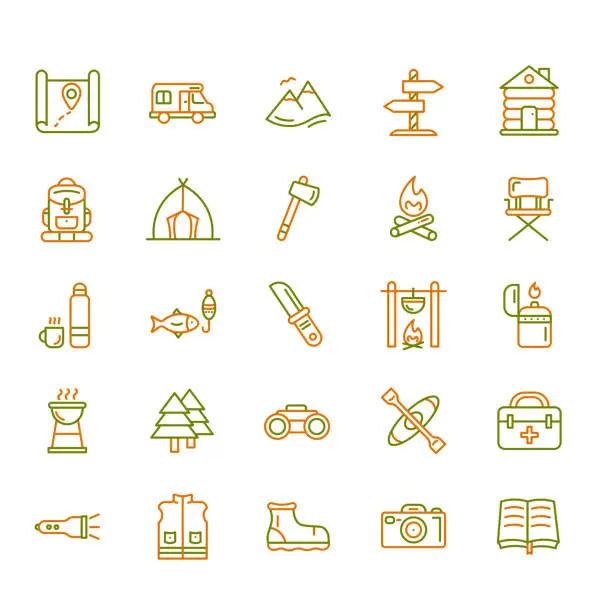 Vector illustration of Camping vector icon set in thin line style