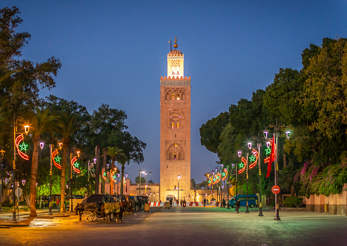 Koutoubia mosque in the morning from djema el fna square, Marrakesh, Morocco