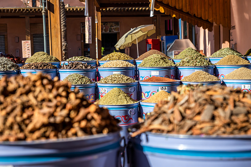 dry fruits and spices in Morocan street market. Marrakesh