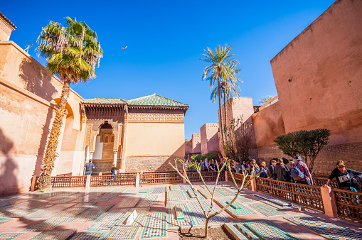 Marrakech, Morocco - January 21, 2018: people visiting the Saadian tombs in Marrakech, Morocco. These tombs, built in 16th century, do not report the name of the dead