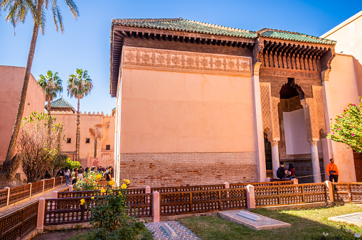 Marrakech, Morocco - January 21, 2018: people visiting the Saadian tombs in Marrakech, Morocco. These tombs, built in 16th century, do not report the name of the dead