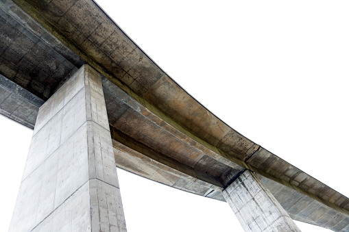 Overpast Highway bridge, low angle view, white background with copy space, full frame horizontal composition