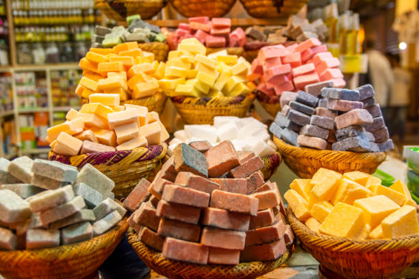 Handmade soap on display in souks of Marrakesh, Morocco