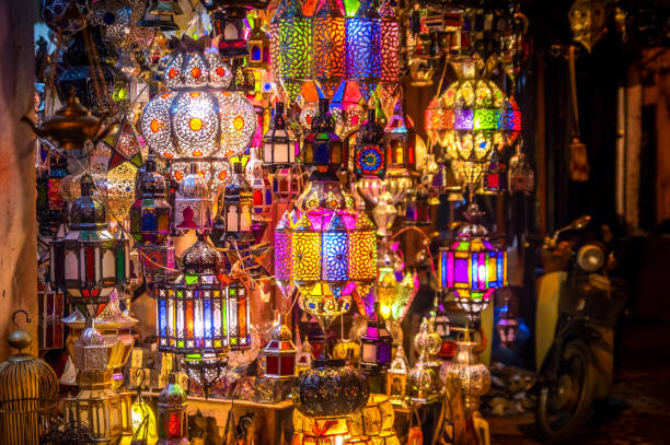 coloured lamps in a street market - Marrakesh souk, Morocco