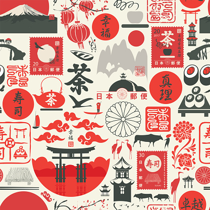 Seamless pattern on the theme of Japan with Japanese hieroglyphs Sushi, Tea, Perfection, Happiness, Truth, Japan Post. Vector repeating background, wallpaper, wrapping paper, fabric