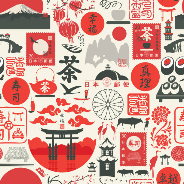 seamless pattern on the theme of japan Seamless pattern on the theme of Japan with Japanese hieroglyphs Sushi, Tea, Perfection, Happiness, Truth, Japan Post. Vector repeating background, wallpaper, wrapping paper, fabric japan stock illustrations