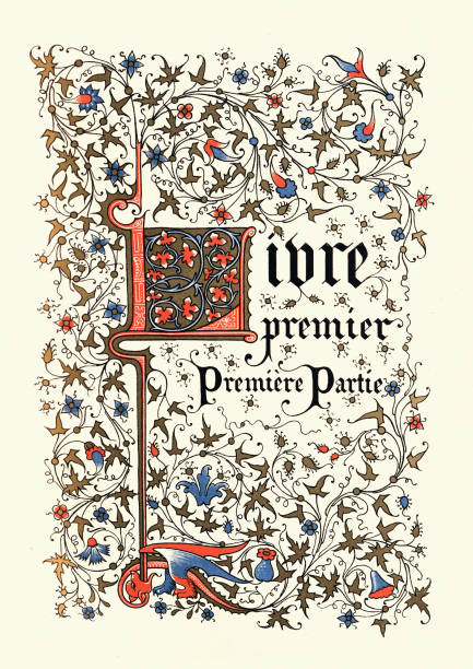 ozdobny kaligrafia średniowieczny tytuł stylu, francuski, livre premier, premiere partie - manuscript medieval medieval illuminated letter old stock illustrations