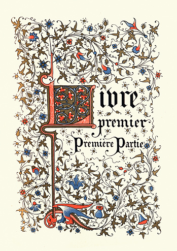 Vintage illustration of Ornate Calligraphy medieval style title, French, Livre premier, Premiere Partie