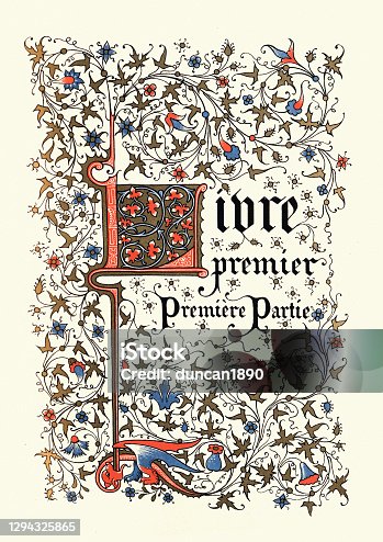 istock Ornate Calligraphy medieval style title, French, Livre premier, Premiere Partie 1294325865
