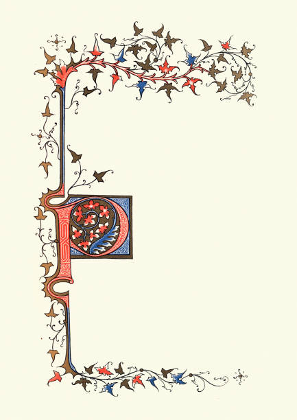verziert beleuchtet großbuchstabe p, mittelalterlicher stil - medieval illuminated letter stock-grafiken, -clipart, -cartoons und -symbole