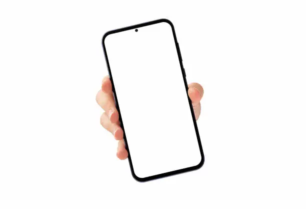Photo of Woman hand holding cellphone with empty screen on white background isolated stock photo