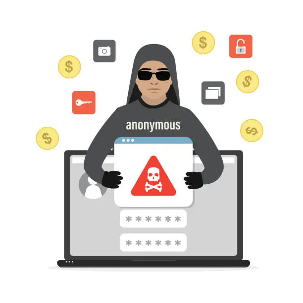 Vector illustration of Cartoon male hacker in hood and black glasses. Anonymous installs malware on laptop. Spamming, online virus attack.