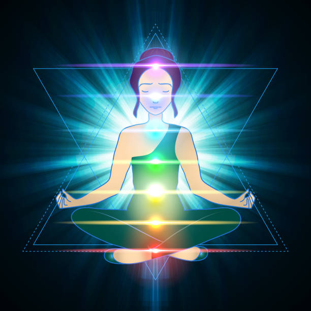 istock Vector illustration abstract background concept of aura and chakras, human subtle body. 1294331976