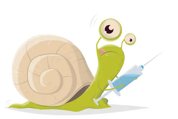 Vector illustration of cartoon illustration of a slow snail with vaccine