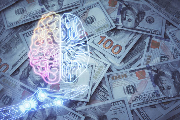 istock Double exposure of brain drawing over us dollars bill background. Technology concept. 1294333033