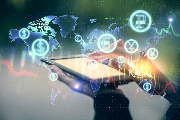 istock Double exposure of forex chart sketch hologram and woman holding and using a mobile device. Financial market concept. 1294333892