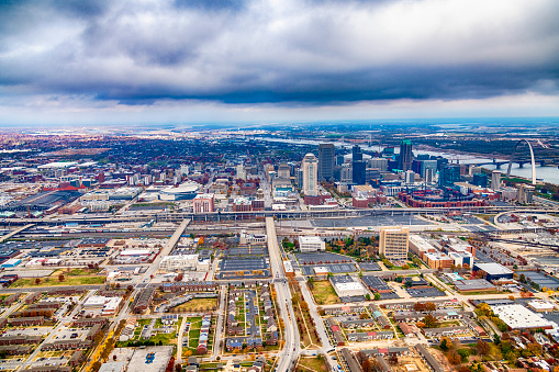 The downtown and surrounding areas of St. Louis, Missouri from an altitude of about 1000 feet over downtown.
