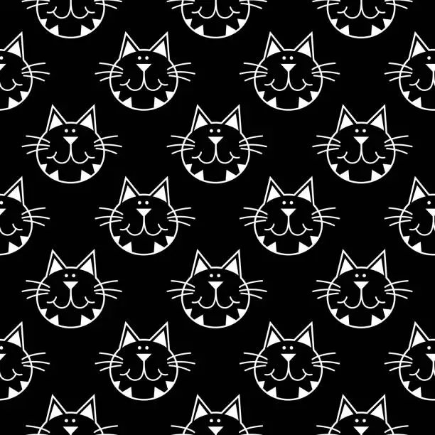 Vector illustration of Black And White Cat Faces Seamless Pattern